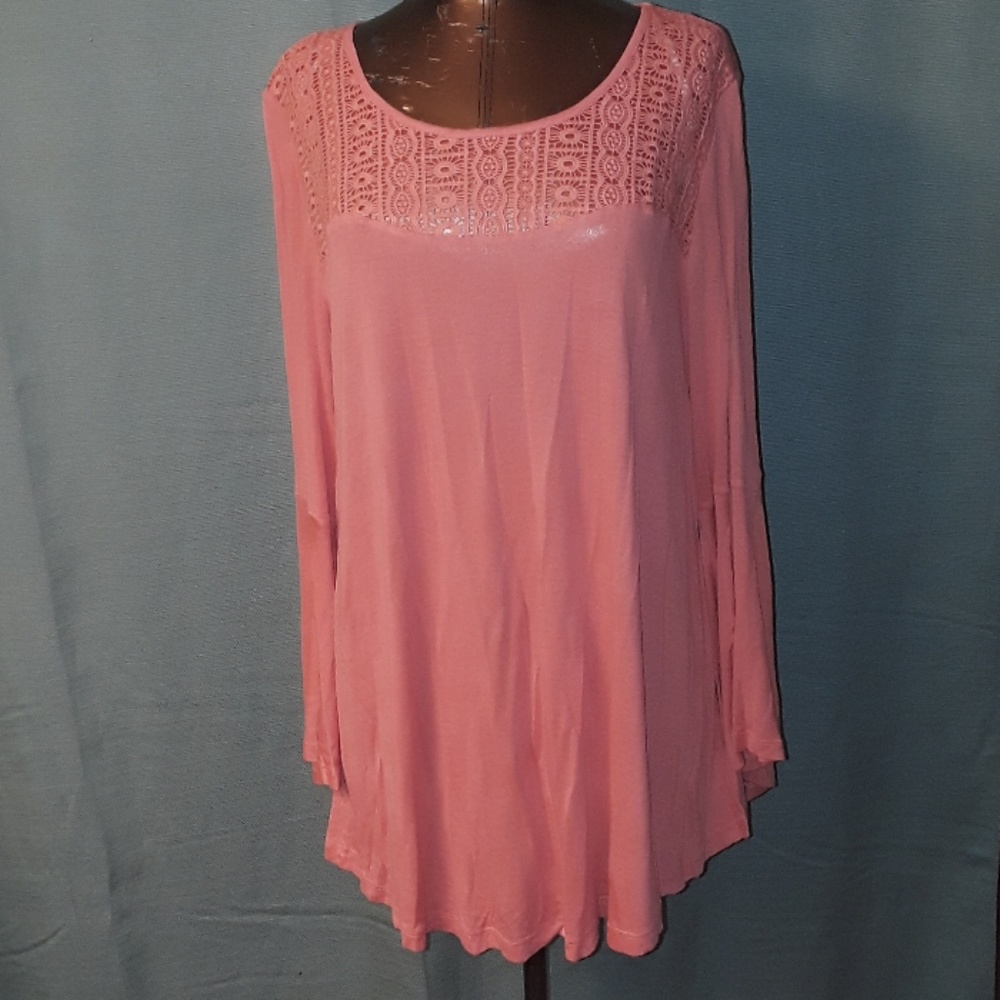 Jessica Simpson Zani Bell Sleeve Tunic Top Spice Coral Crochet Lace Embellished!